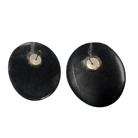 Vintage 60s- 70s Black Lucite Clear Rhinestone Crystal Stud Earrings - Picture 2 of 2